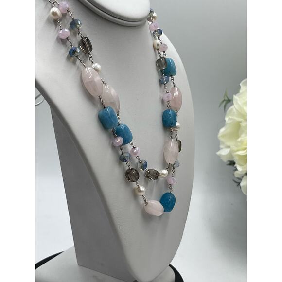 Handmade Sterling 925 Pink Blue Quartz Freshwater Pearl Double Strand Necklace - Picture 10 of 13